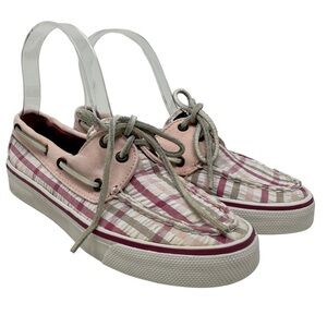 Sperry Top Siders Shoes Womens 5.5M Pink Plaid White Leather‎ Laces